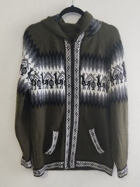 Cabincore Alpaca Blend Llama Knit Zip Hoodie Olive Green M Gorpcore Boho